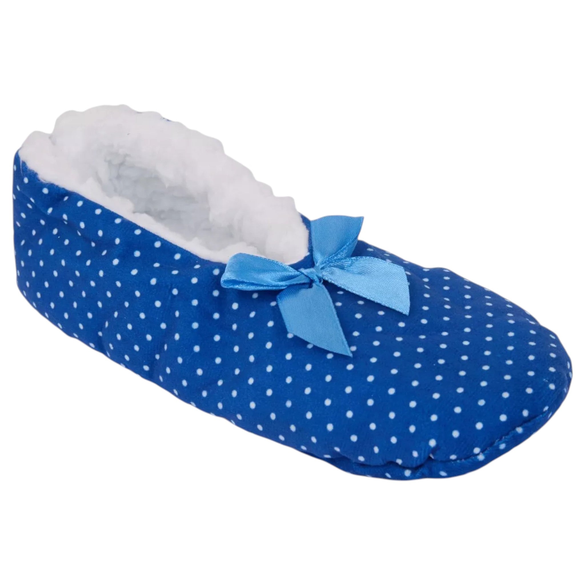 Ladies blue with white spots Slip On Slippers Womens Ballerina Style Nightwear With Bow Design Fits Ladies UK 4-7